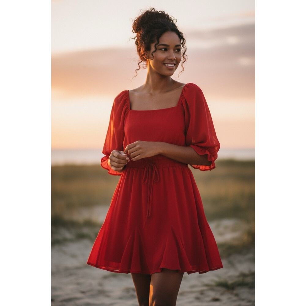 NWT Francesca's Mi Ami Red Dress Square Neckline Cinched Waist Size M Feminine